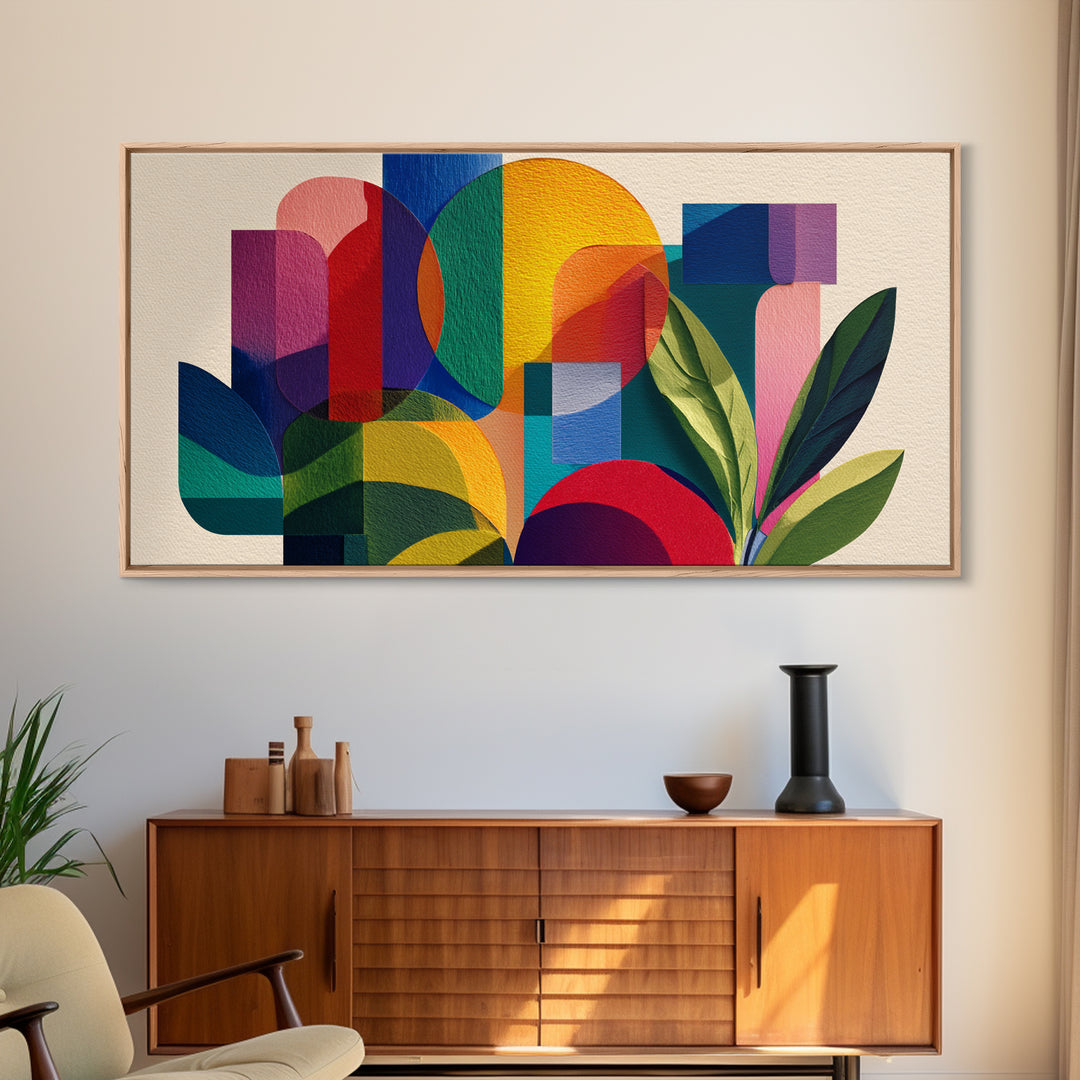 Colorful Geometric Leaves Wall Art, Bold Botanical Mid Century Modern Decor, Abstract Bauhaus Shapes, Vibrant Canvas Print