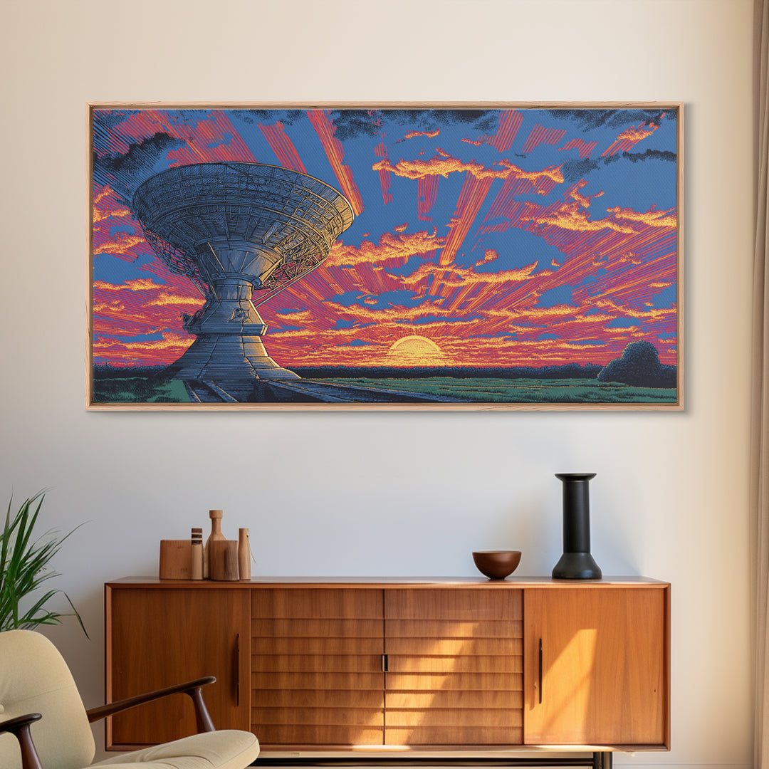 Radio Telescope At Neon Sunset Wall Art, Midcentury Modern Space Abstract Print, Retro Sci Fi Poster, Vibrant Office Decor