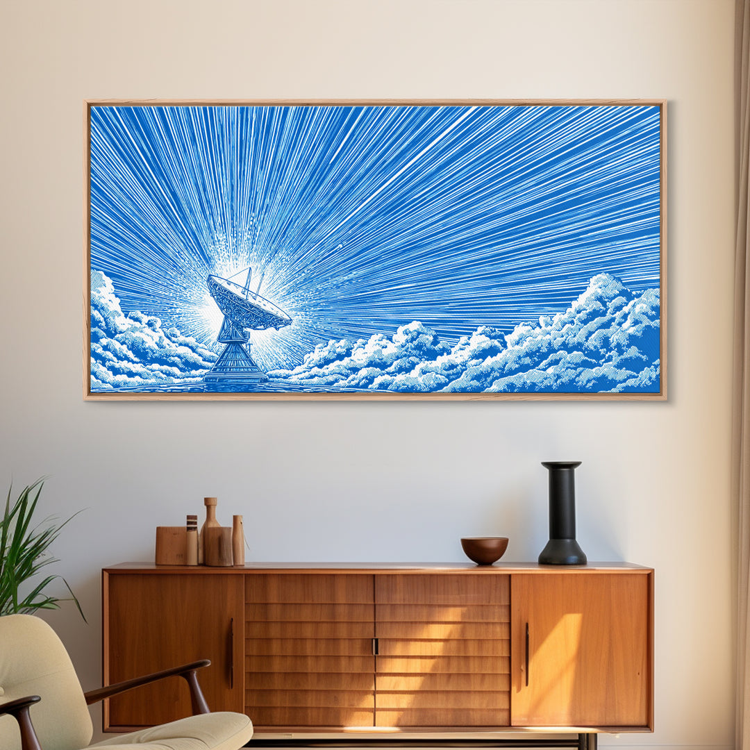Blue Radio Telescope Skyburst Wall Art, Retro Sci Fi Poster, Atomic Midcentury Modern Art Print For Office And Home Wall Decor