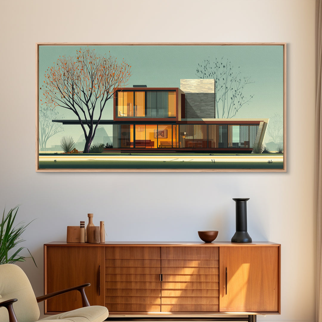 Glass Midcentury House With Autumn Tree Framed Canvas Print, MCM Wall Art, Modern Architecture Poster, Living Room Decor