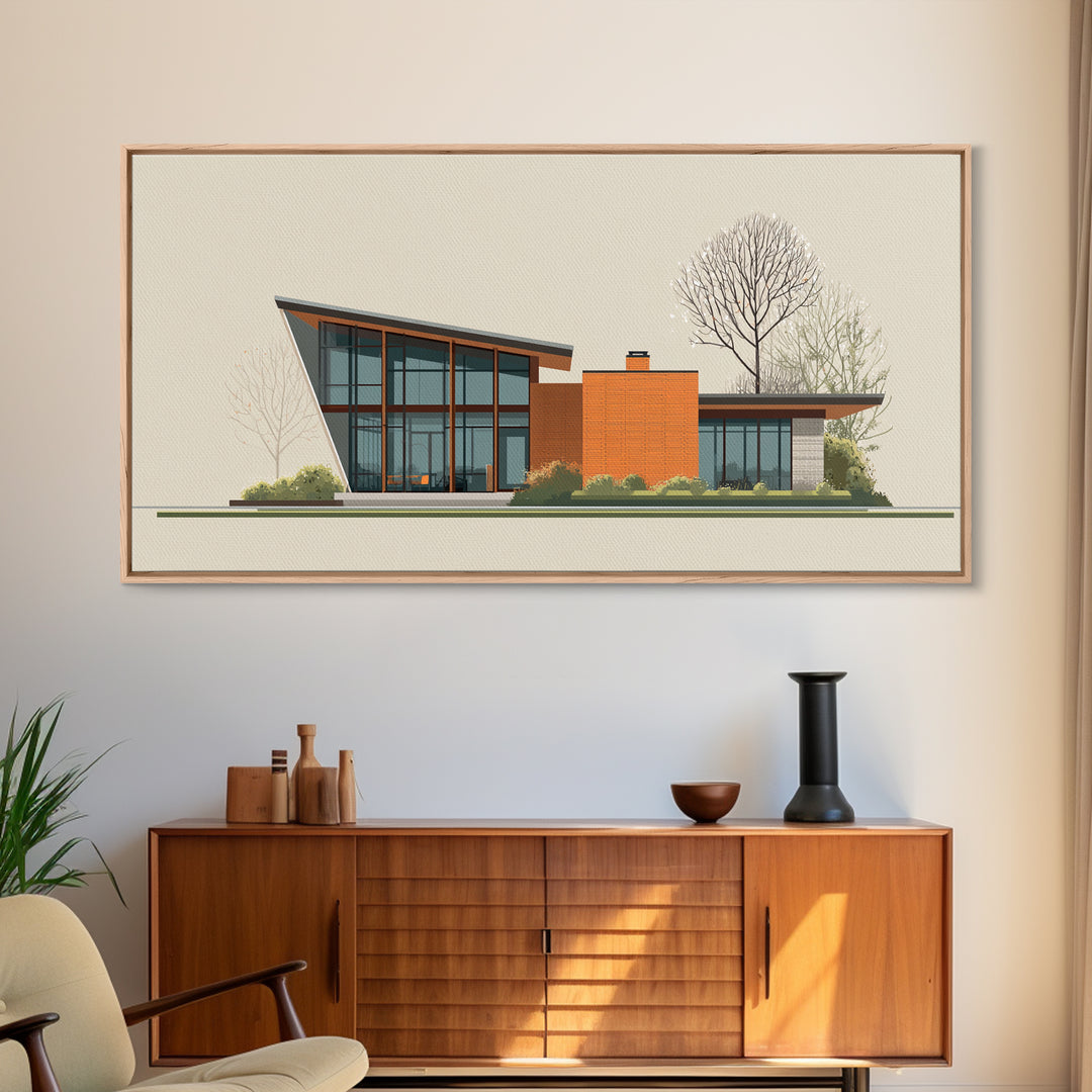 Angular Glass Midcentury Home Canvas Print, Modern Architecture Wall Art, MCM Decor, Retro House Poster For Living Room Decor