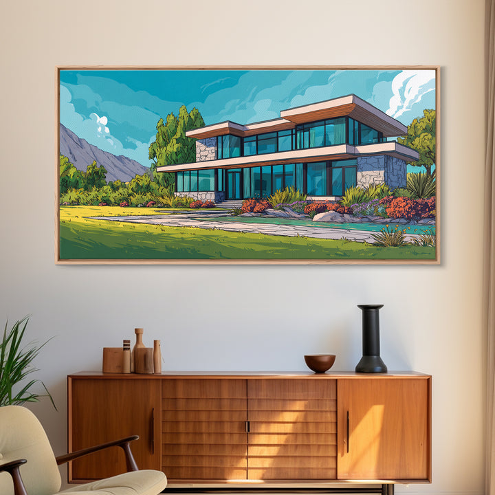 Mountain Modern Glass House Wall Art, Midcentury Modern Architecture Poster, Colorful Landscape Canvas Print, Living Room Decor