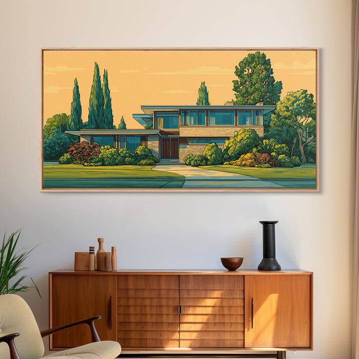 Cypress Garden Midcentury Home Framed Canvas Print, Modern Architecture Wall Art, Retro Palm Springs Decor, Living Room Art