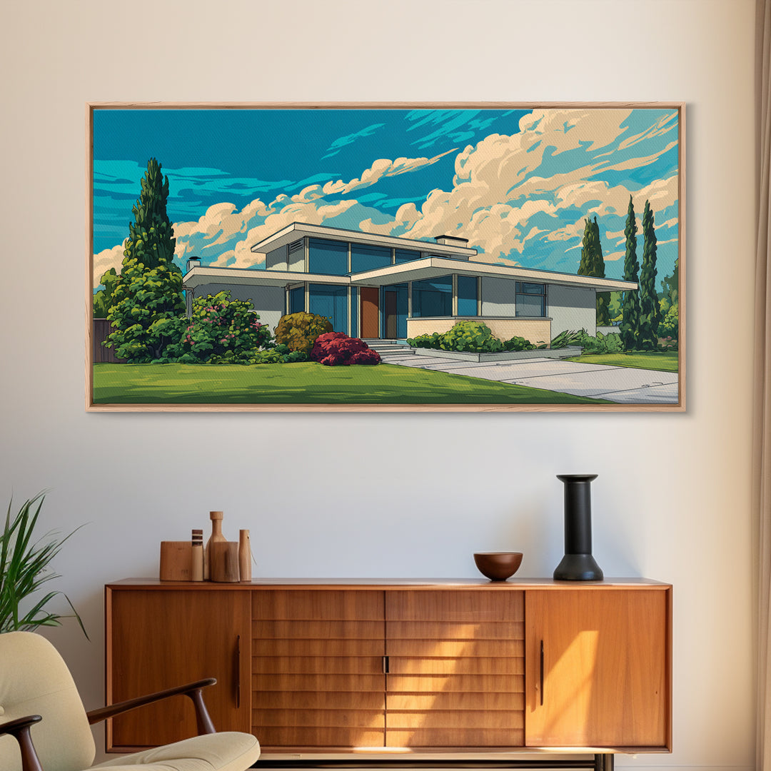 White Midcentury House With Dramatic Clouds Framed Canvas Print, Modern Wall Art, Retro Architecture Poster, Home Office Decor