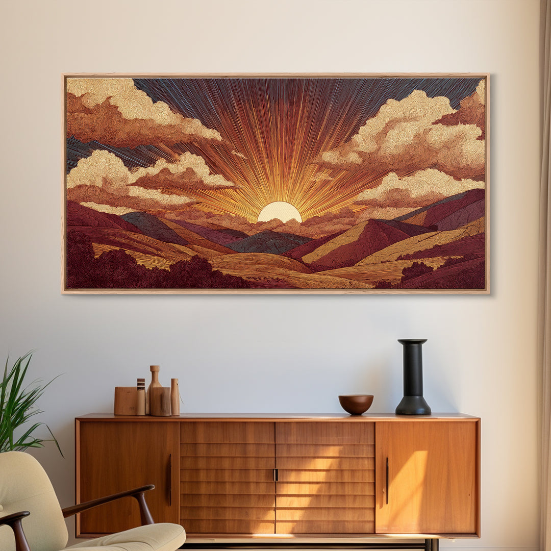 Textured Mountain Sunrise Valley Wall Art, Retro Landscape Poster, Midcentury Modern Art Print, Earth Tone Home Decor Gift