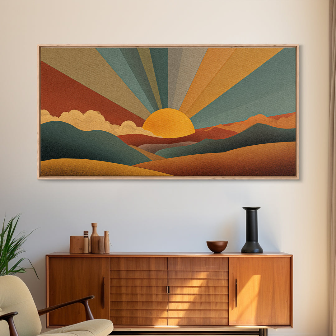Geometric Retro Sunrise Over Rolling Hills Canvas Print, Midcentury Modern Wall Art, Boho Landscape Poster, Earth Tone Decor
