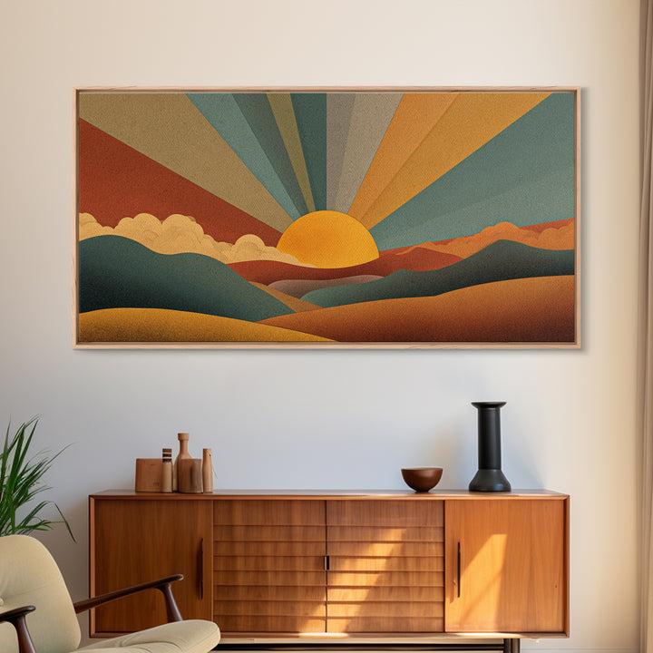 Geometric Retro Sunrise Over Rolling Hills Canvas Print, Midcentury Modern Wall Art, Boho Landscape Poster, Earth Tone Decor