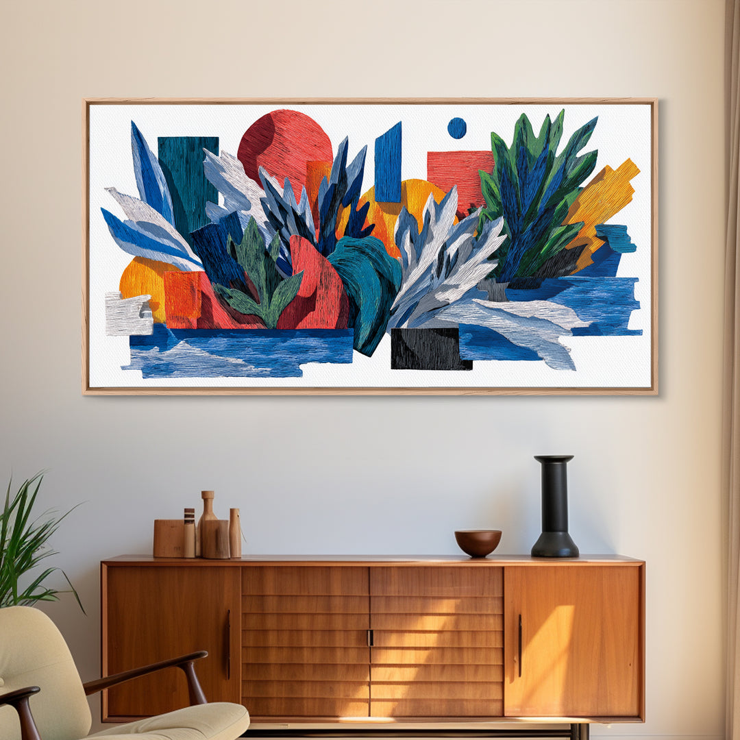 Textured Tropical Leaf Collage Framed Canvas Print, Blue Red Botanical Wall Art, Mid Century Modern Abstract Decor For Living Room