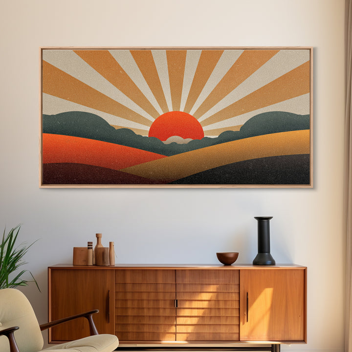 Orange Sunburst Desert Hills Wall Art, Mid Century Modern Canvas, Retro Landscape Poster, MCM Decor, Living Room Print, Home Decor