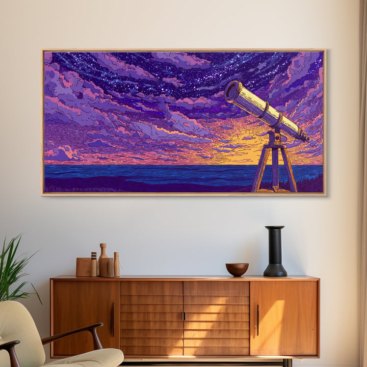 Purple Starry Telescope Ocean Wall Art, Retro Sci Fi Poster, Cosmic Mid Century Modern Decor, Space Astronomy Canvas Print