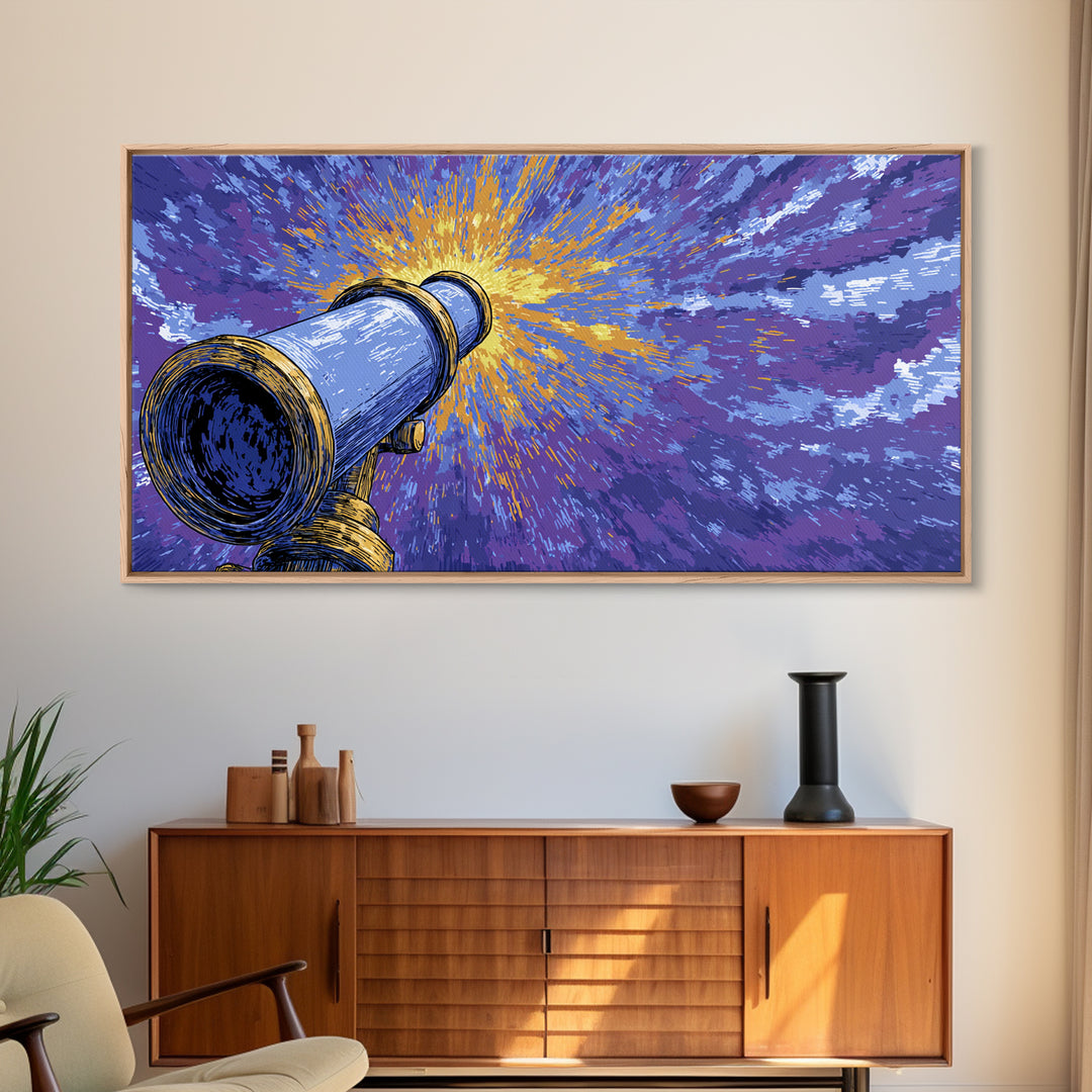Blue Telescope Starburst Framed Canvas Print, Retro Sci Fi Wall Art, Space Astronomy Poster, Mid Century Modern Office Decor