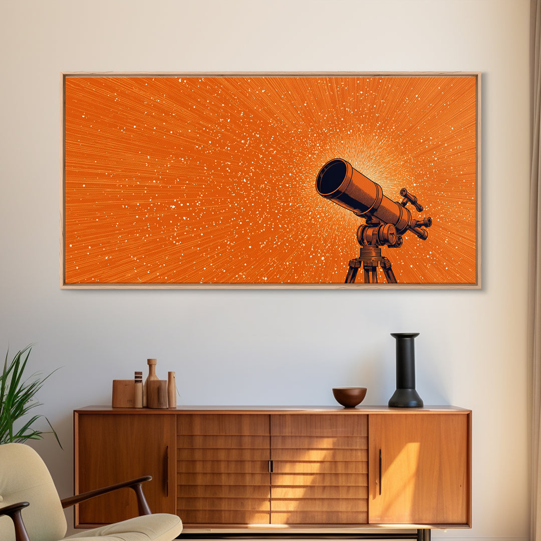 Orange Starfield Telescope Wall Art, Retro Space Poster, Cosmic Astronomy Decor, Mid Century Modern Canvas Print, Office Art