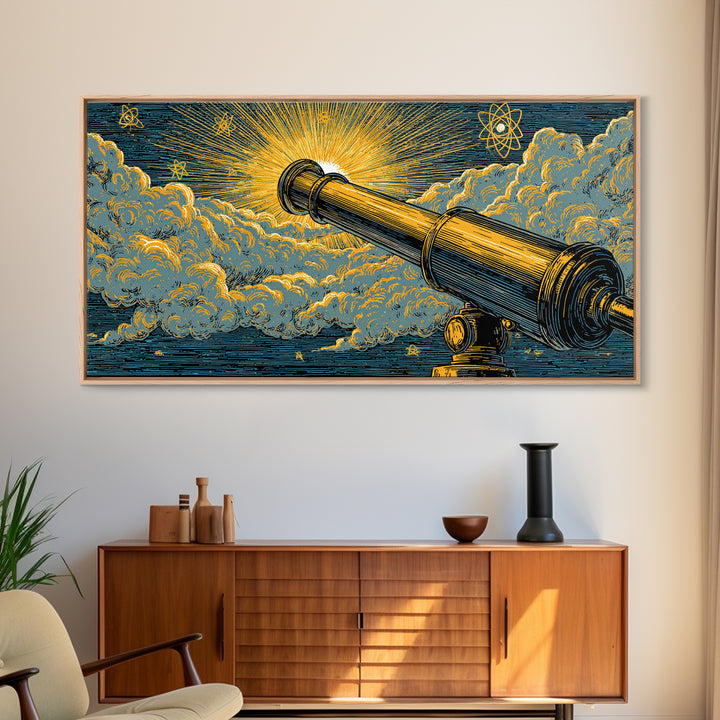 Golden Telescope Atomic Clouds Wall Art, Mid Century Modern Space Decor, Retro Astronomy Poster, MCM Canvas Print For Office