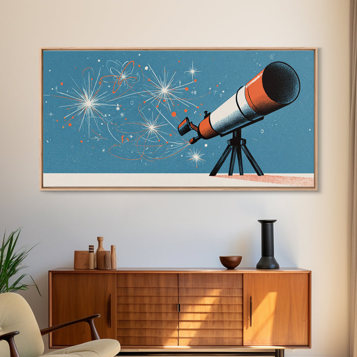 Atomic Telescope Blue Sky Canvas Print, Retro Space Wall Art, Mid Century Modern Astronomy Poster, MCM Nursery Office Decor