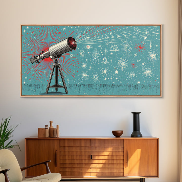 Teal Atomic Telescope Starburst Wall Art, Mid Century Modern Space Poster, Retro Sci Fi Canvas Print, Office Decor Gift Idea
