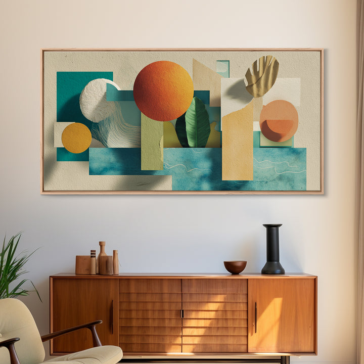 Neutral Teal Orange Geometric Still Life Wall Art, Mid Century Modern Canvas Print, Botanical Shapes, Coastal Home Decor