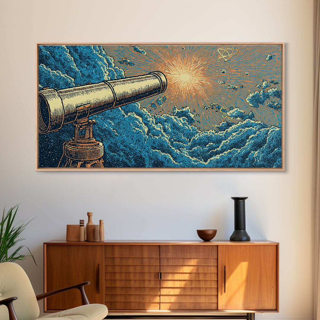 Blue Cloud Telescope Sunburst Framed Canvas Print, Retro Astronomy Wall Art, Mid Century Modern Space Poster, Office Decor