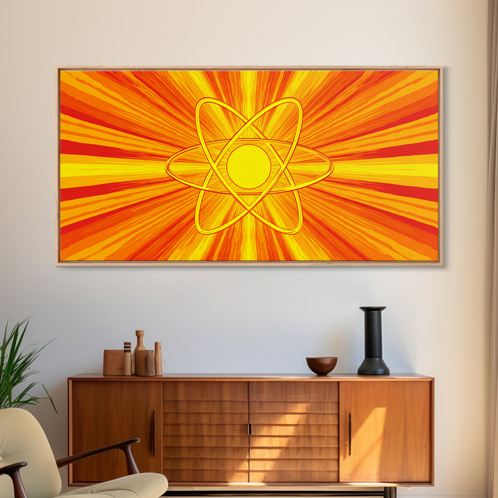 Fiery Atomic Sunburst Canvas Print, Mid Century Modern Orange Wall Art, Retro Science Poster, Bold MCM Decor, Modern Art Print