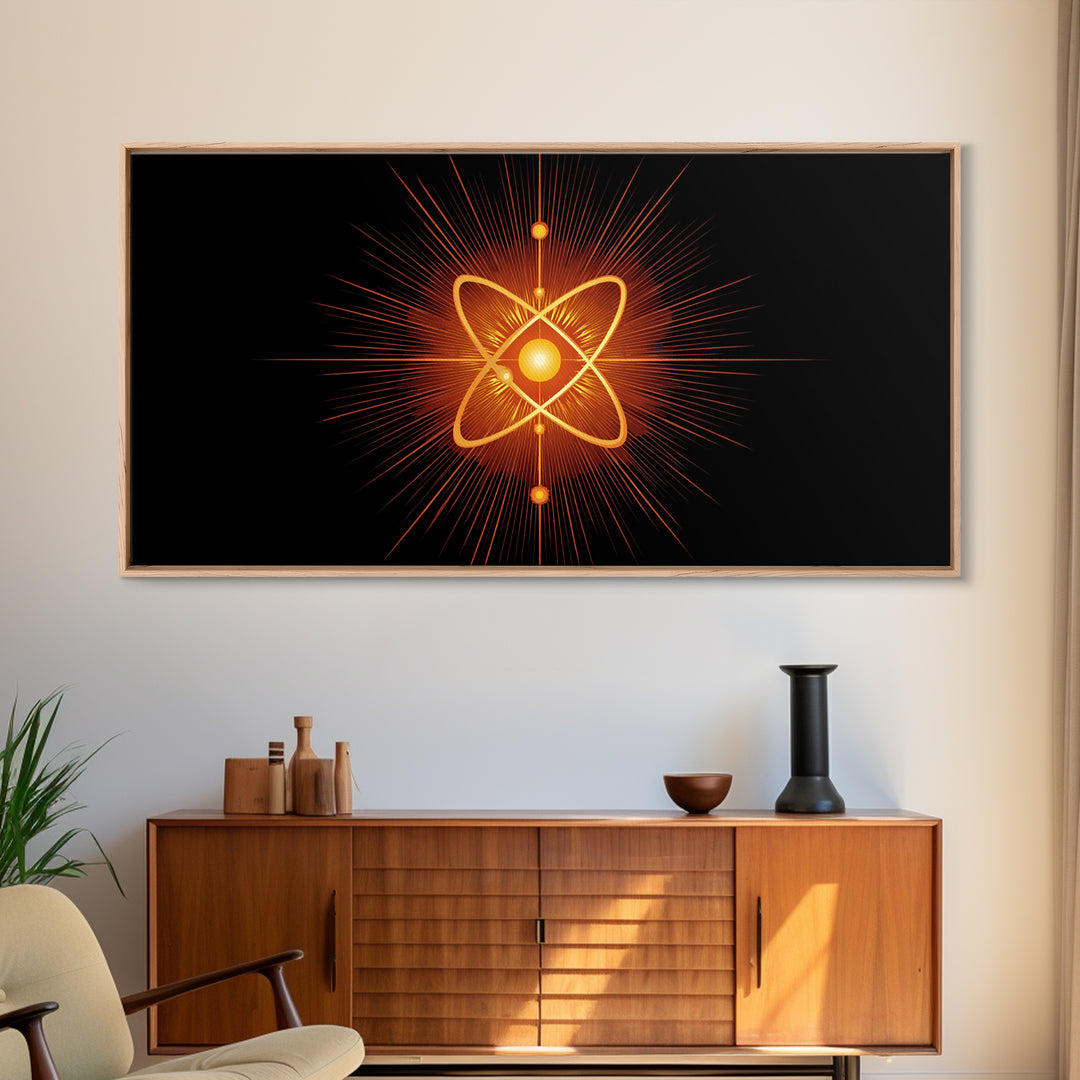 Glowing Orange Atom Wall Art, Black Space Abstract Poster, Mid Century Modern Science Decor, Atomic MCM Canvas Print Gift