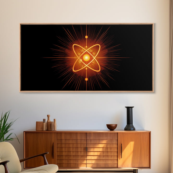 Glowing Orange Atom Wall Art, Black Space Abstract Poster, Mid Century Modern Science Decor, Atomic MCM Canvas Print Gift