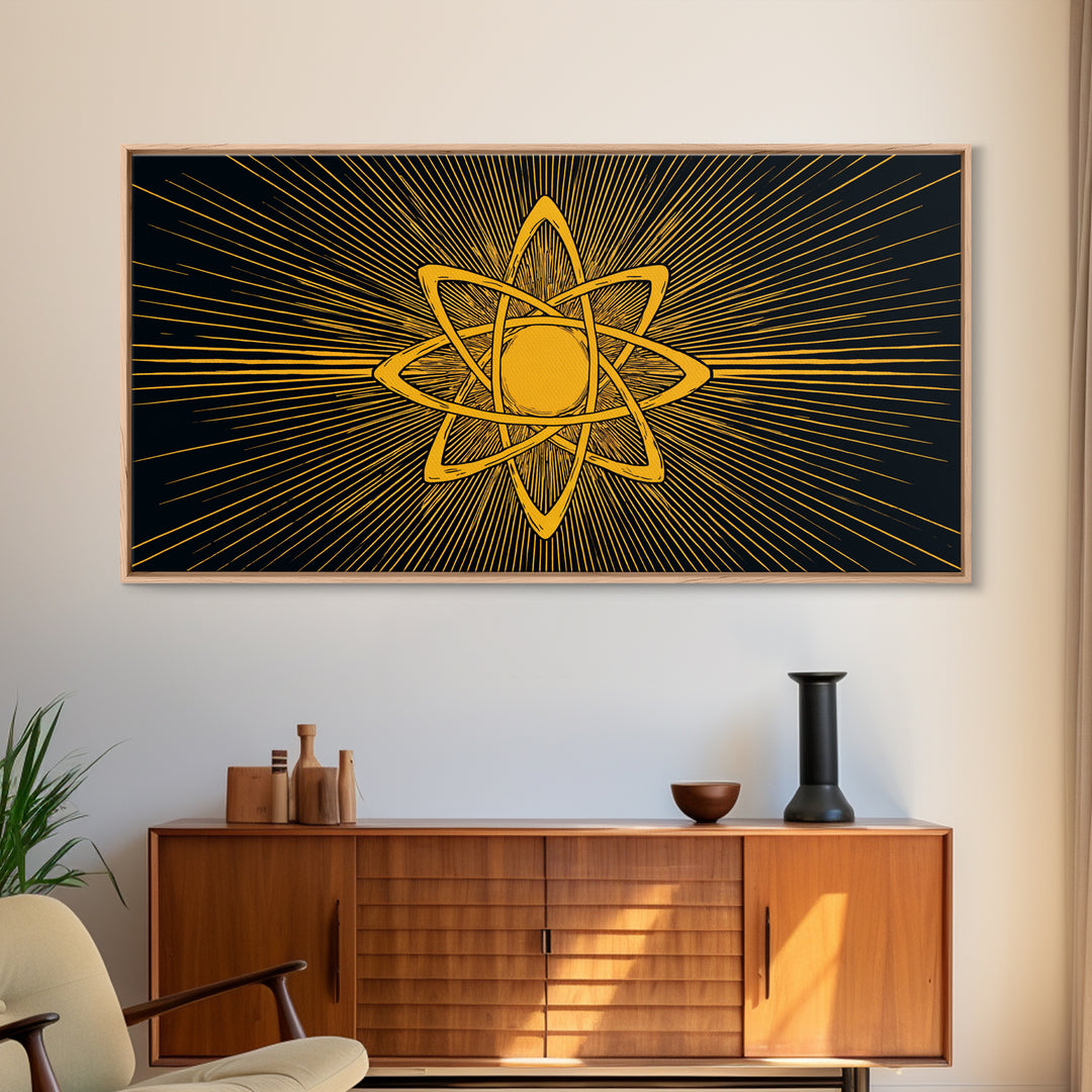 Gold Atomic Rays Canvas Print, Black Mid Century Modern Science Poster, Retro Space Wall Art, Bold Geometric MCM Decor Gift