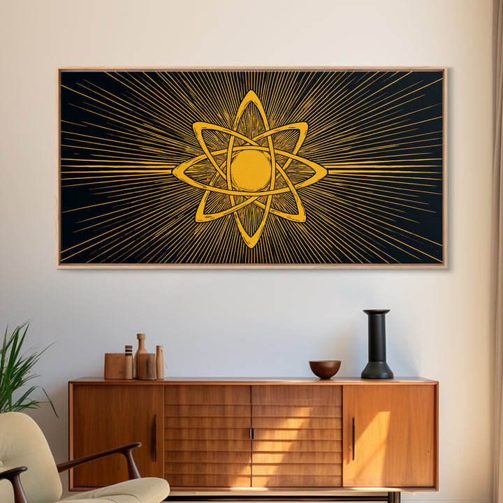 Gold Atomic Rays Canvas Print, Black Mid Century Modern Science Poster, Retro Space Wall Art, Bold Geometric MCM Decor Gift