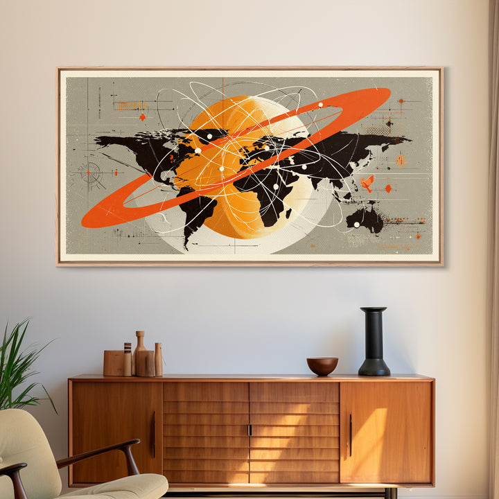Retro Atomic World Map Wall Art, Mid Century Modern Travel Poster, Orange Black Science Decor, Geometric Canvas Print Gift