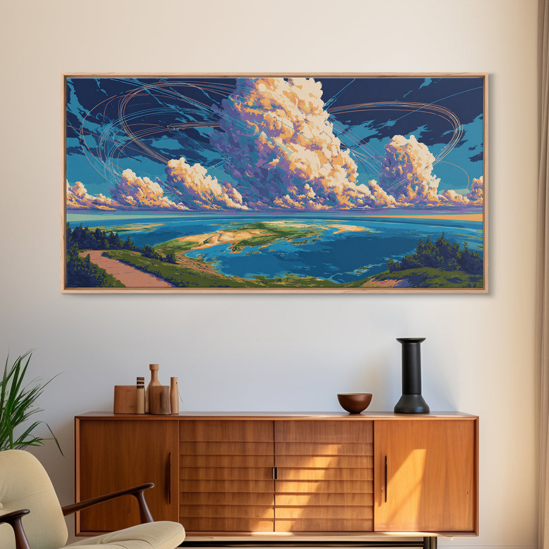 Cloudy Coastal Lagoon Wall Art, Modern Landscape Canvas Print, Blue Tropical Travel Poster, Scenic Lake House Decor Gift