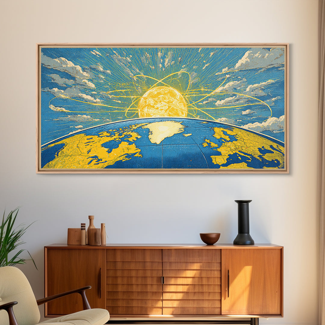 Atomic Earth Sunrise Wall Art, Blue Yellow Retro Science Poster, Mid Century Modern Space Decor, Celestial Canvas Print Gift