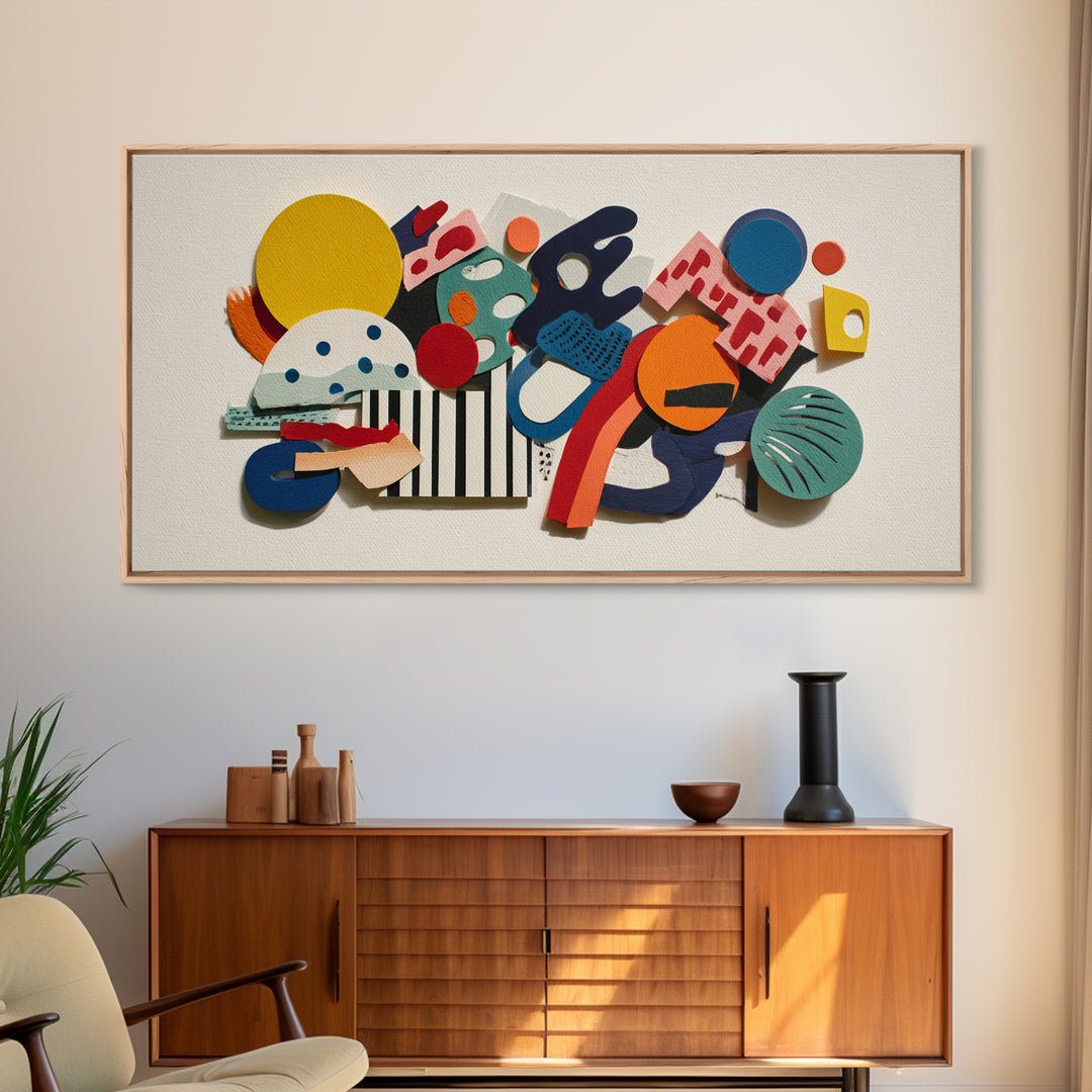 Playful Memphis Geometric Wall Art, Colorful Mid Century Modern Decor, Abstract Shapes, Retro Bauhaus Framed Canvas Print