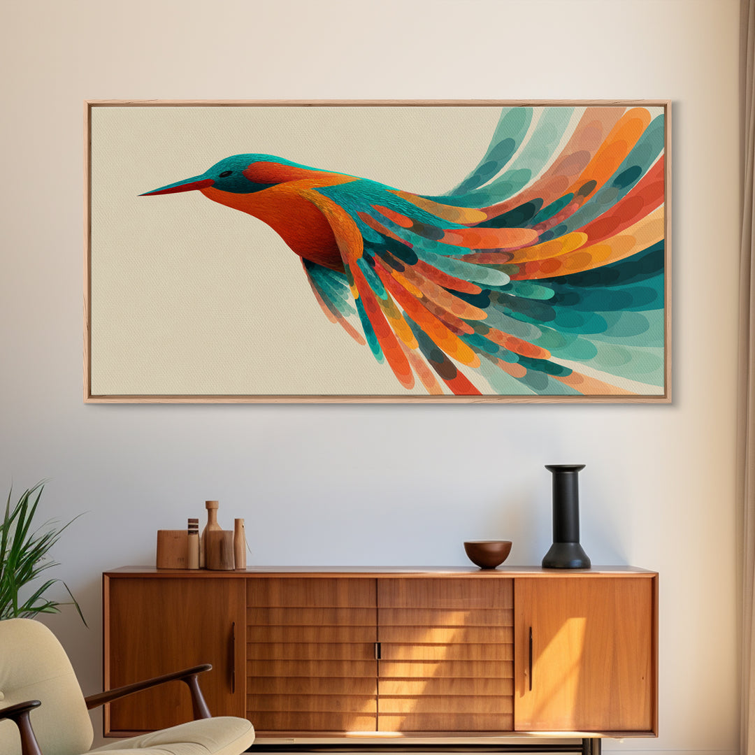 Colorful Hummingbird In Flight Canvas Print, Midcentury Modern Bird Art, Tropical Nature Decor, Vibrant Living Room Wall Art