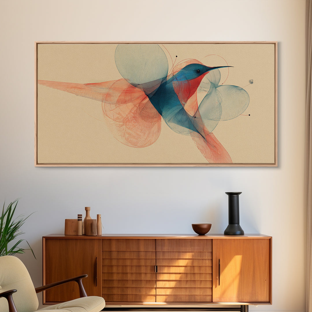 Abstract Hummingbird With Circle Forms Wall Art, Midcentury Modern Bird Print, Geometric Nature Decor, Teal Coral Art Print