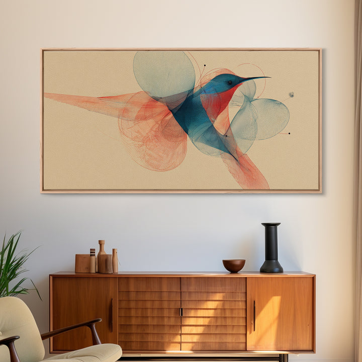 Abstract Hummingbird With Circle Forms Wall Art, Midcentury Modern Bird Print, Geometric Nature Decor, Teal Coral Art Print