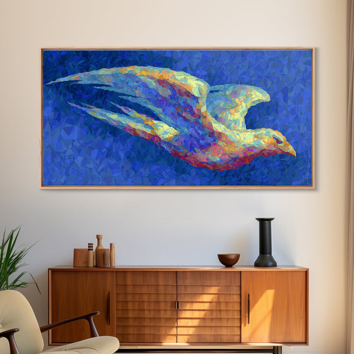 Blue Mosaic Bird In Flight Framed Canvas Print, Modern Abstract Wildlife Art, Colorful Nature Decor, Bold Living Room Wall Art