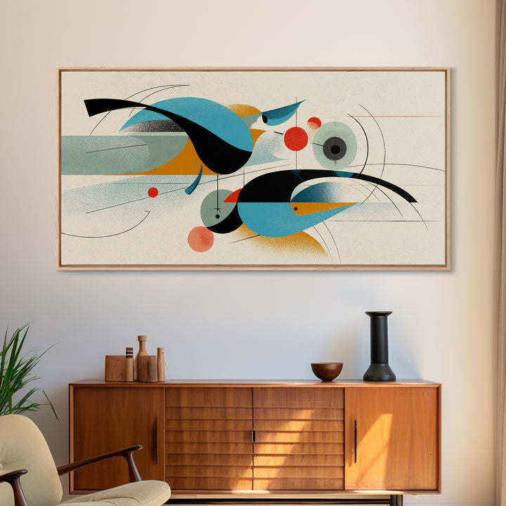 Geometric Abstract Birds Wall Art, Midcentury Modern Shapes Print, Bauhaus Inspired Decor, Teal Orange Living Room Art Print