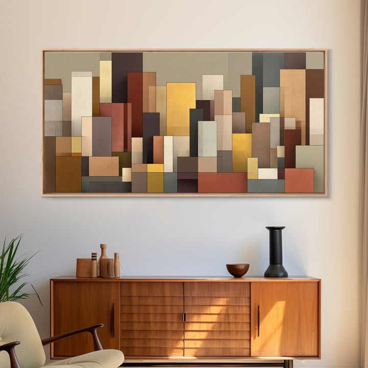 Earth Tone Geometric City Wall Art, Modern Abstract Skyline Print, Midcentury Decor, Neutral Brown Living Room Art Print