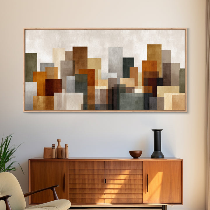 Transparent Abstract Skyline Canvas Print, Modern Geometric City Wall Art, Warm Neutral Decor, Contemporary Living Room Art