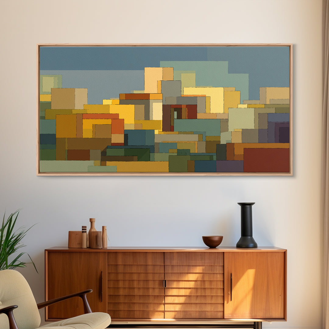 Abstract City Blocks In Muted Teal And Ochre Wall Art, Mid Century Modern Print, Geometric Home Decor, Living Room Artwork