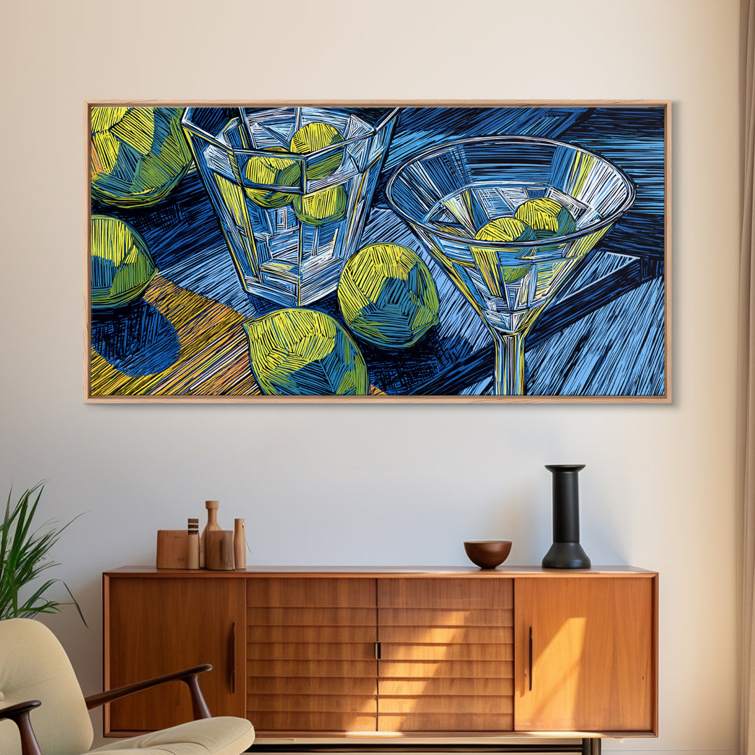 Blue Linocut Martini Glasses With Limes Canvas Print, Retro Cocktail Wall Decor, Bar Cart Art Print, Kitchen Poster Gift