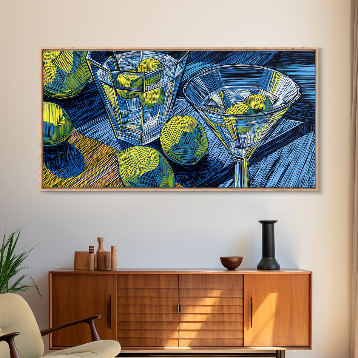 Blue Linocut Martini Glasses With Limes Canvas Print, Retro Cocktail Wall Decor, Bar Cart Art Print, Kitchen Poster Gift