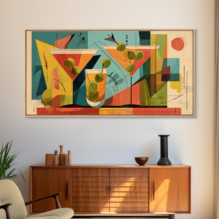 Midcentury Martini Glasses And Olives Wall Art, Atomic Cocktail Poster Print, Retro Bar Decor, Geometric Modern Home Decor