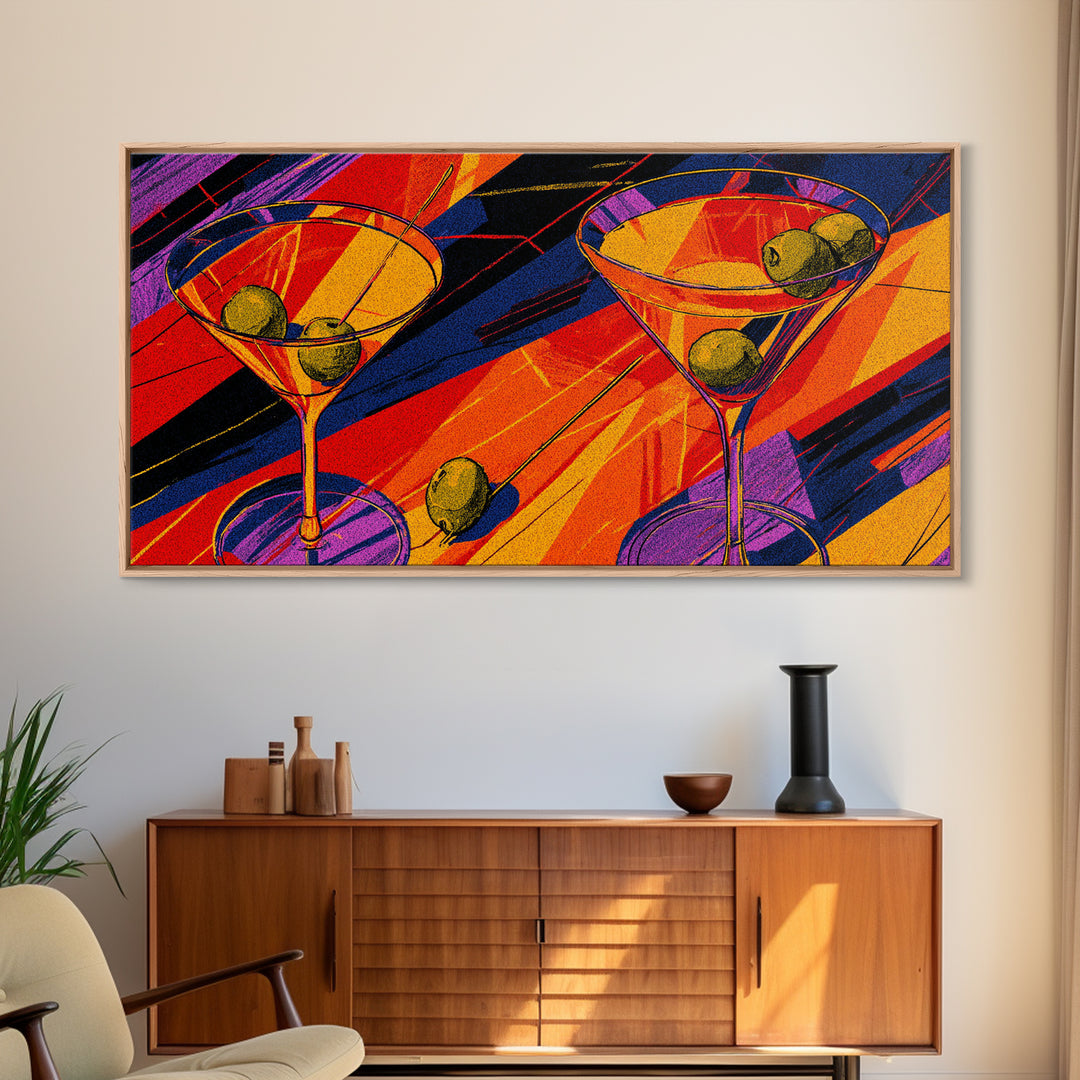 Bold Pop Art Martini Glasses With Olives Canvas Print, Retro Cocktail Poster, Colorful Bar Cart Decor, Modern Kitchen Wall Art