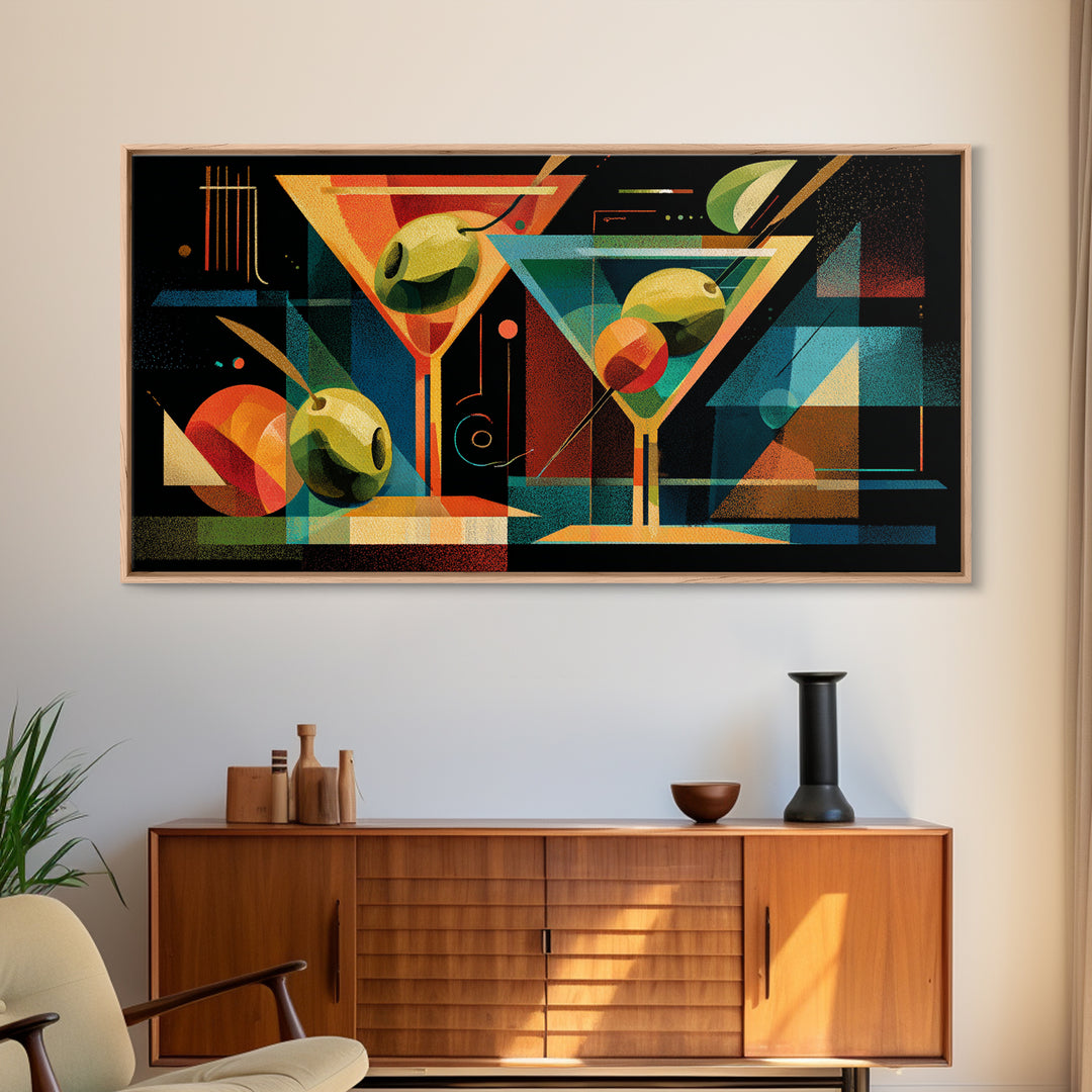 Bauhaus Martini Glasses And Green Olives Framed Canvas Print, Mid Century Modern Bar Wall Decor, Atomic Cocktail Art Print