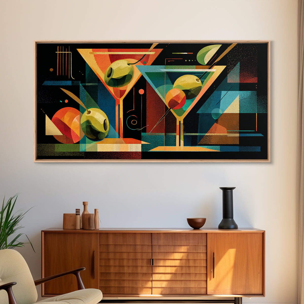 Bauhaus Martini Glasses And Green Olives Framed Canvas Print, Mid Century Modern Bar Wall Decor, Atomic Cocktail Art Print