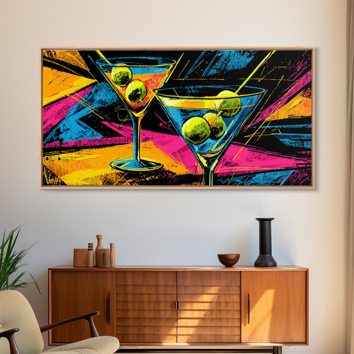 Neon Martini Glasses With Olives Canvas Print, Retro Bar Art, Vibrant Cocktail Poster, Funky Wall Decor For Kitchen Lounge