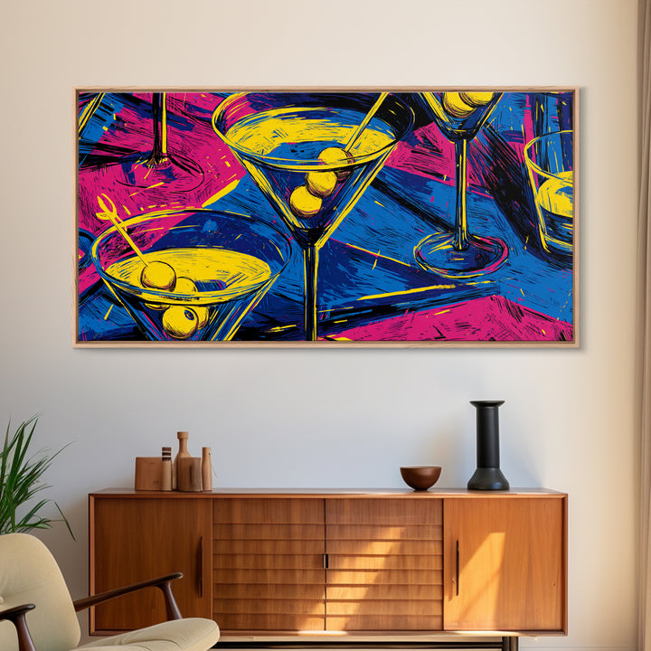 Electric Neon Martini Glasses And Olives Wall Art, Pop Art Cocktail Poster, Retro Bar Cart Decor, Colorful Kitchen Art Print