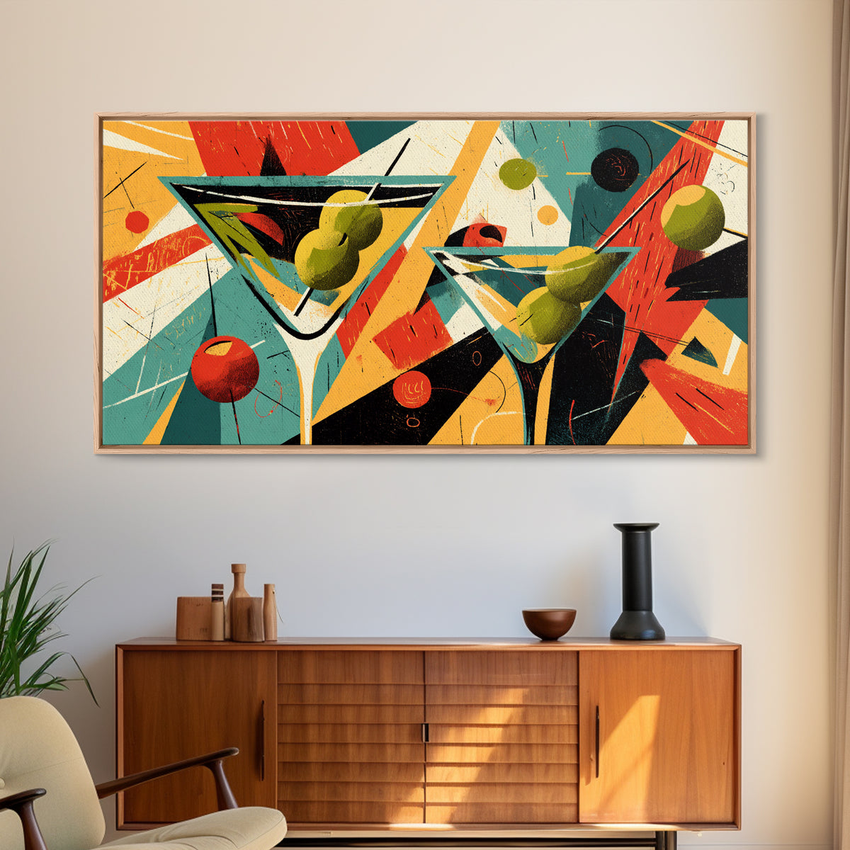 Retro Martini Glasses With Olives And Oranges Wall Art, Midcentury Modern Cocktail Poster, Atomic Bar Decor, Kitchen Art Print