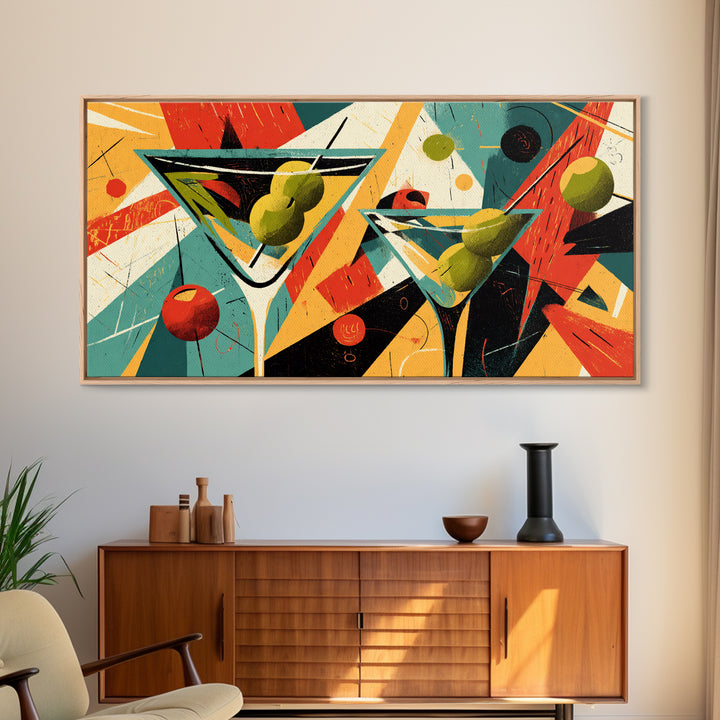 Retro Martini Glasses With Olives And Oranges Wall Art, Midcentury Modern Cocktail Poster, Atomic Bar Decor, Kitchen Art Print