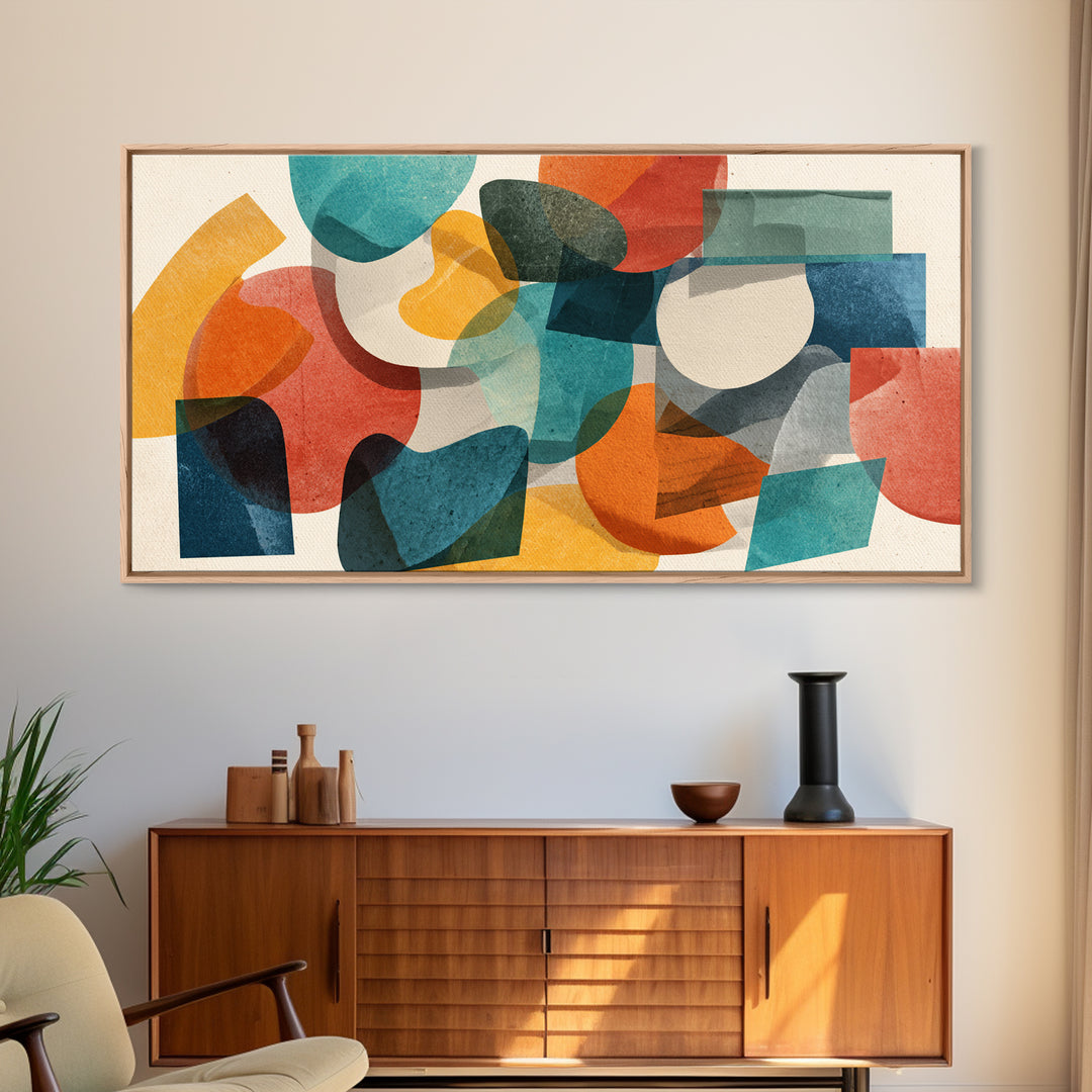 Transparent Organic Shapes Wall Art, Teal Orange Abstract Mid Century Modern Decor, Geometric Bauhaus Canvas Print For Home