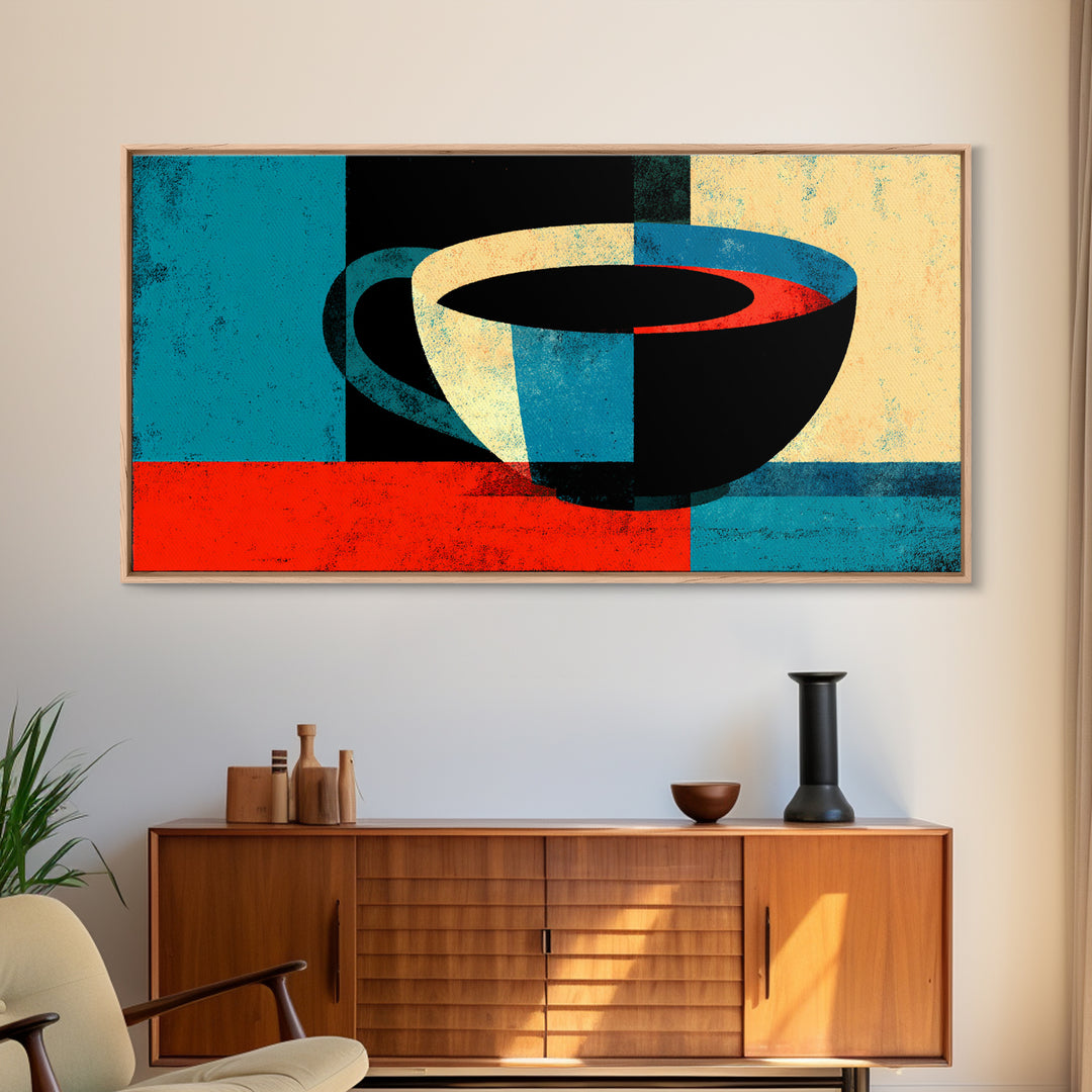 Modern Abstract Coffee Cup In Teal And Red Wall Art, Mid Century Kitchen Decor, Minimalist Coffee Poster, Bold Geometric Print